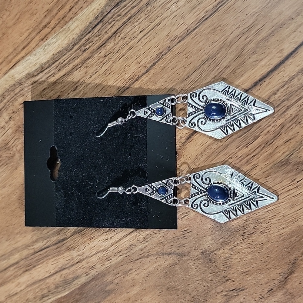 Diamond Shape Boho Statement Earrings With Dark Blue Faux Stone